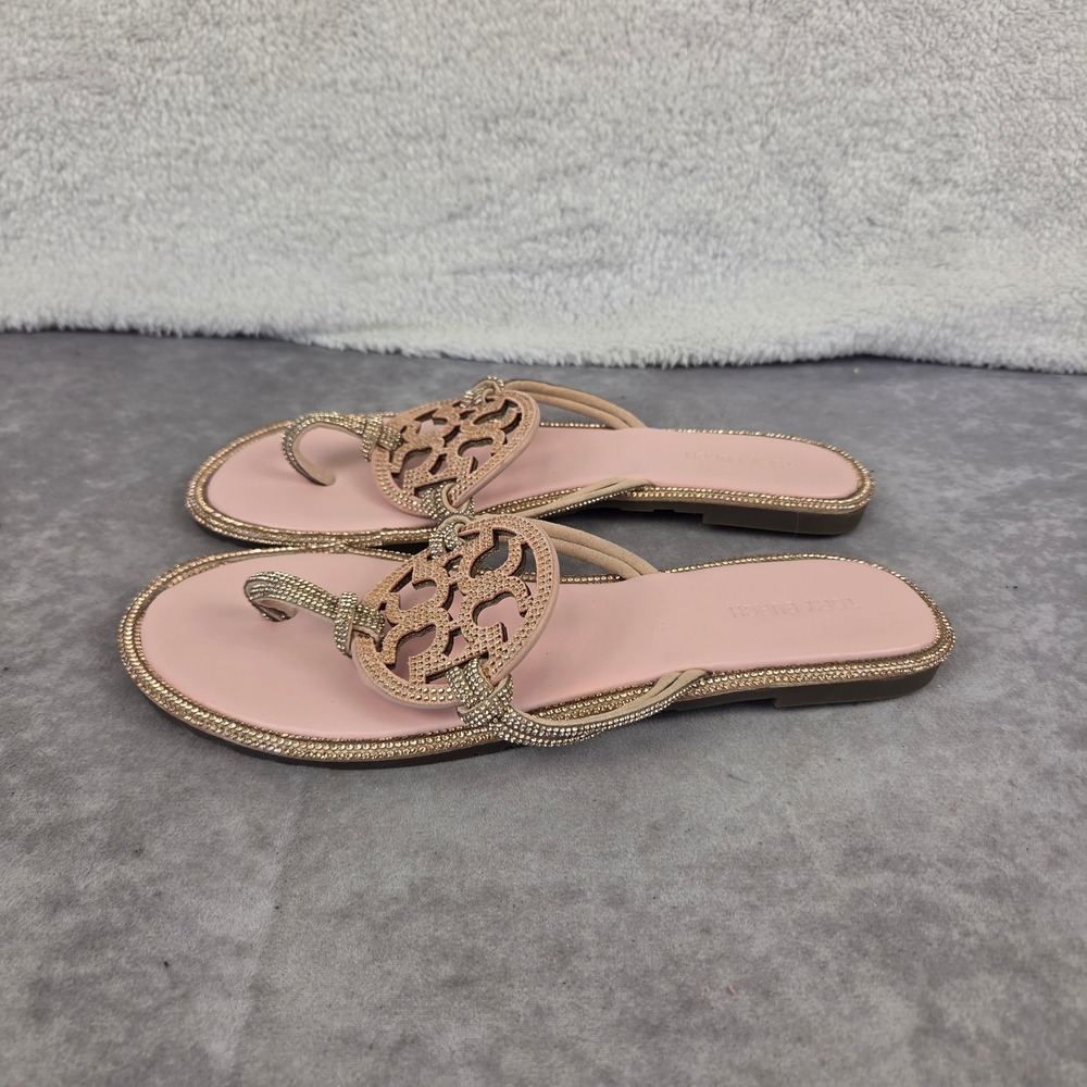 Tory Burch Miller Crystal Embellished Pink Leather Logo Thong Sandals Size 40
